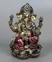 JORAE Ganesh Statue Elephant Buddha Sitting on Lotus Pedestal Lord Blessing Home Decor Hindu God Collectible Antique Bronze Finish Meditation Figurine, 7.2 in, Polyresin