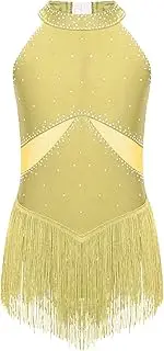 [Linjinx] Kids Girls Sparkly Tassel Ballet Latin Dance Dress Fringed Gymnastics Leotard Modern Costume