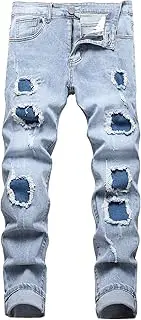 [Zylphorix] Men High Street Ripped Slim Fit Elastic Jeans Distressed Denim Pants with Holes Y2K Classic Tapered Zipper Trousers, Light Blue, 36
