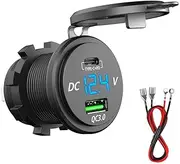 PD Type C USB Car Charger and QC 3.0 Quick Charger 12V/24V Car Power Outlet Waterproof Socket 64W Dual USB for Motorcycle Marine Boat RV ATV (Type C+ QC3.0(G))