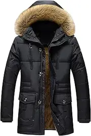 [JEShifangjiusu] Men's Padlock Coat Sew Thick Warm Leather Coat With Fur Hat For Outdoor Adventure Sports Clothing, Black, 5XL