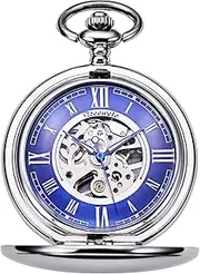 [TREEWETO] Pocket Watch - Smooth Double Case Series Skeleton Dial Delicate Mechanical Movement with Chain, Gold/Silver