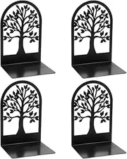 2 Pairs Book Ends, Metal Book Ends, Unique Decorative Tree Book Ends for Shelves, Book Divider Decorative Holder, Black Non-Skid Book Stopper (Style A)