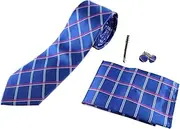 [Zasel] Mens Blue, Silver & Pink, Checkered Matching Neck Tie, Pocket Square, Cuff Links And Tie Clip Set Blue, Silver, Dark Pink