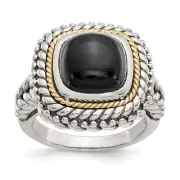 Sterling Silver with 14K Accent Antiqued Cabochon Black Onyx Ring Size 6