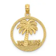 14k Yellow Gold Bahamas Word with Palm Tree in Round Penny Size Charm Pendant