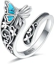 [EJALEN] S925-Sterling-Silver Turquoise Dragonfly/Butterfly Spoon Ring - Vintage Boho Sunflower Thumb Rings Oxidized Wrap Ring Victorian Style Antique Floral Jewelry Gifts for Women Girls