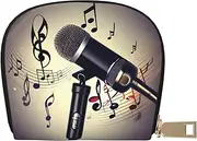 [JEJEA] Microphone with Music Note Print Credit Card Holder Wallet, Small Card Holder Wallet with Zipper,Leather Card Holder, White, One Size
