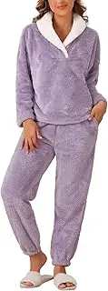 [cheibear] Womens Fluffy Fleece Pullover Tops with Pants Winter Plush Pjs Warm Lounge Fuzzy Pajamas Sets