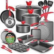 [Nutrichef] 21-Piece Nonstick Cookware & Bakeware Set - Includes Saucepans, Skillets, Baking Pans, Loaf & Muffin Pans, Pizza Crisper, Cookie Sheet, & Silicone Utensils - Ultimate Kitchen Set