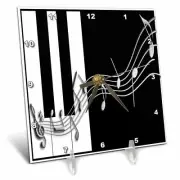 3dRose Silver Music Notes on Piano Keys 6x6 Desk Clock