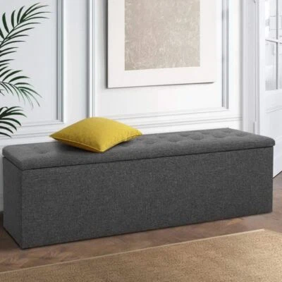 Linen Fabric Ottoman Storage Blanket Pillow Box Couch Seat Lift Up Lid Sturdy