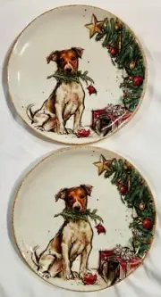 New - Set of 2 - Christmas Jack Russell Puppy Dog Pates - Southern Living