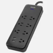 Philips 7-Outlet Surge 4ft Braided Cord 1500J 2 USBA Adaptor Spaced - Black