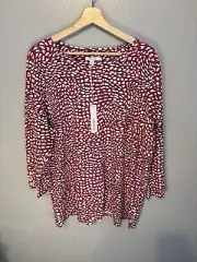 Chicos Shirt Women 4 XXL NEW Squares 3/4 Sleeve Button Magenta Rose Cotton Slub