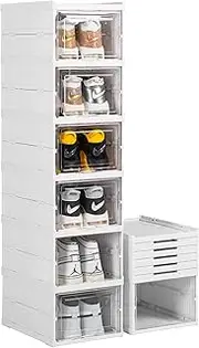 Shoe Storage Box, No-Assembly 6 Tiers Foldable Shoe Organizer with Clear Door, Space-Saving Shoe Rack, Sturdy Clear Plastic Stackable Sneaker Container