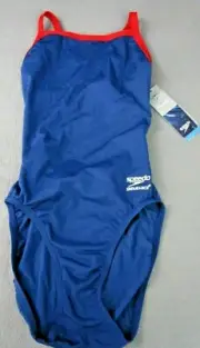 Speedo Women's Swimsuit One Piece Endurance+ Flyback Solid Blue/Red Trim