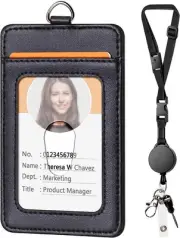 Leather Badge Holder and Adjustable Retractable Lanyards, Quick Release Buckl...