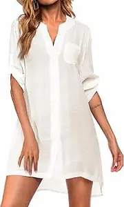 [Ekouaer] Women's Cover Up Shirt V-Neck Swimsuit Beach Bikini Button Down Bathing Suit