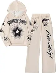 [Floerns] Girl's Two Piece Outfit Sweatsuit Graphic Long Sleeve Hoodie with Pants Set