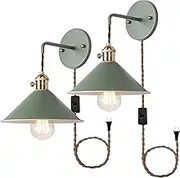 Wall Lamp with Rotatable Switch Bulb Base E27 Vintage Wall Light with 2m Plug in Cord Industrial Design Retro Wall Sconce Metal Indoor Night Lighting Fixtures Brass Arm for Loft Cafe (2 Packs,Green)