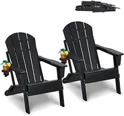 VEVOR Adirondack Chair Plastic, Set of 2 All-Weather Portable Folding Fire Pit Chair, Outdoor Adirondack Patio Chair with Cup Holder, with Relaxing Arm Rest Ergonomic, for Garden, Backyard - Black