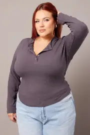 Grey Button Down Top Long Sleeve