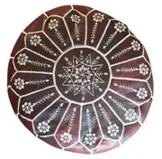 Dark Brown Full Embroidered Moroccan Leather Ottoman Pouffe