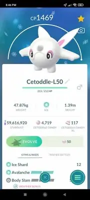 Pokemon Cetoddle LV50 Under 1500CP - Unlock 3Moves PVP GL - TRADE - Description