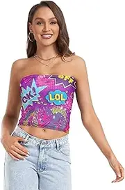[GuoChe] Sexy Crop Tops for Women 1970s Disco Retro Grunge Graffiti with Mesh Padded Bandeau Top Stretch Tube Top for Lady