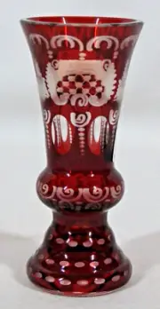 RARE BOHEMIA CZECH RUBY RED CRYSTAL CUT TO CLEAR MINI VASE 3.75" TALL NEW IN BOX