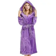 Women Dressing Gown Hooded Fleece Lined Fluffy Bathrobe Purple M