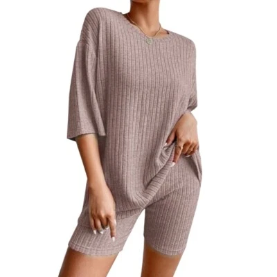 Women s Leisurely Shorts and Top Soft Cotton Summer Ribbed Knit Matching Outfits