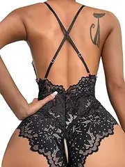 [SOLY HUX] Women's One Piece Lingerie Sexy Lace Babydoll Deep V Teddy Criss Cross Backless Teddy Mini Bodysuit