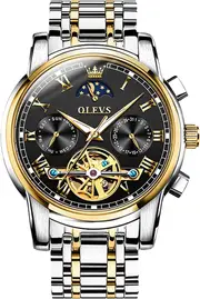 OLEVS Men Watches Gold Automatic Self Winding Stainless Steel Mechanical Multifunction Chronograph Analogue Waterproof Date Luminous Gent Wrist Watch
