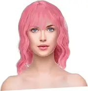 LOORGVEL Short Pink Wavy Wig for Women Shoulder Curly Hair Wig with Bangs Lightweight Synthetic for Daily Wear and Cosplay Events