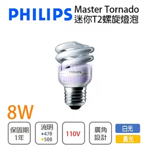 【飛利浦】PHILIPS 迷你型 T2省電螺旋燈泡 8W 電壓110V 白光 適用封閉式空間 小空間 (5折)