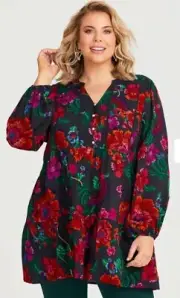 NWT ~Virtuelle by Taking Shape ts[ sz 16 18 20] Dark Blooms Trim Tunic rrp $150
