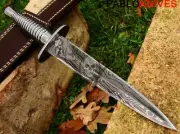 15" Custom Handmade Damascus Dagger Knife with J2 Steel Handle / Leather Sheath