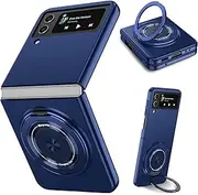[Asuwish] Phone Case for Samsung Galaxy Z Flip 4 5G 2022 Cover and Magnetic Ring Holder Stand Slim Hard Hybrid Rugged Cell Accessories Protective ZFlip4 Z4 Flip4 4Z Wireless Charger Women Men Blue