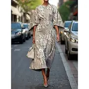Women's Midi Dress Sheath Dress Elegant Vacation Casual Regular Fit Floral Graphic Boho Paisley Damask 3/4 Length Sleeve Crew Neck Ivory Khaki Beige Summer Spr