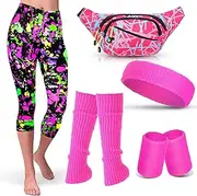 [Hicarer] 5 Pcs Women 80s Costume Set Splash Printed Leggings Retro 80s Fanny Pack Waist Bag 80s Outfit for Mardi Gras Party