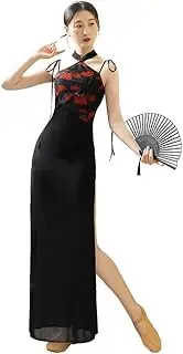 [ROYAL SMEELA] Black Sleeveless Qipao Sexy Cheongsam Dresses Traditional Chinese China Qipao Cheongsam Qipao Dress for Women Cheongsam Dresses Ladies Chinese Slit Qipao Dress Long, Black, L