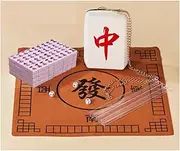 Mahjong Set 144 Mahjong Tiles Household Hand Mahjong Tiles Hand Playing with Bag Table Cloth Stock Card Ruler Chinese Mah Jongg Set(Pink)