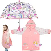 [Twistover] 2 Pieces Kids Umbrella and Rain Coat Set for Girls Clear Bubble Umbrella Cartoon Unicorn Toddler Rain Jacket