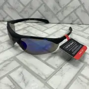 NWT Foster Grant Sunglasses SCRIMMAGE MIR Black Active Wrap Frames Blue Mirrored