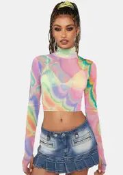 [AFRM] Abstract Multi Marble Micaela Long Sleeve Mesh Top