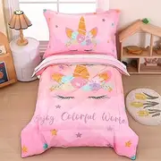 Wowelife Unicorn Toddler Bedding Set for Girls, 4 Pieces Toddler Bed Sets Rainbow Kids Toddler Comforter Set Bed in a Bag Breathable with Comforter, Flat Sheet, Fitted Sheet and Pillowcase, Pink