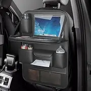 Nappa Leather Car Seat Organizer Kids Travel Tray [1 Pack], Foldable Car Backseat Tablet Holder Storage Bag, Universal Auto Organizer for Car SUV, Multifunction Seat Back Kick Mat Protector