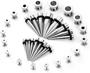 [WMHSO] 36PC Ear Stretching Kit - Beginner Gauges 14G-00G Starter Set - Steel Tapers Single Flare Plugs Screw Fit Tunnels - Women Eyelet Mens Earrings Expander Piercing Jewelry